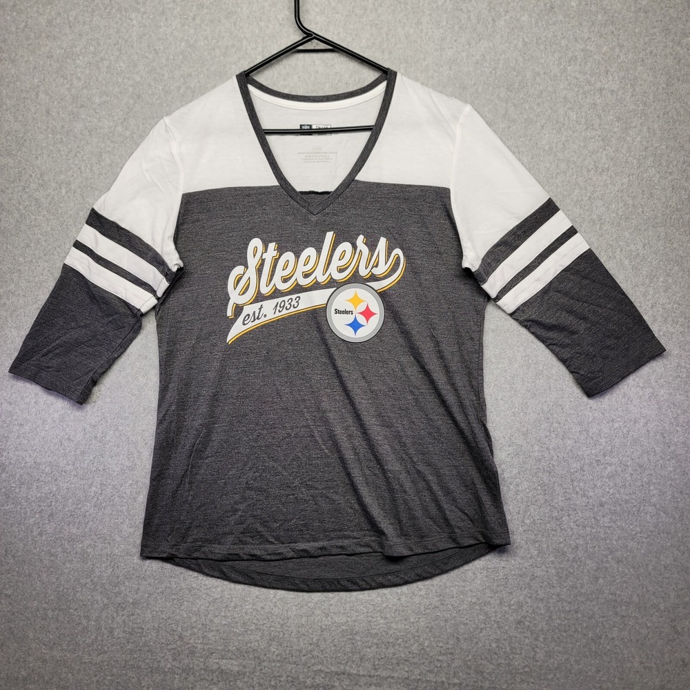 NFL Team Apparel Women Large Gray T-Shirt 3/4 Sleeve NFL Pittsburgh Steelers